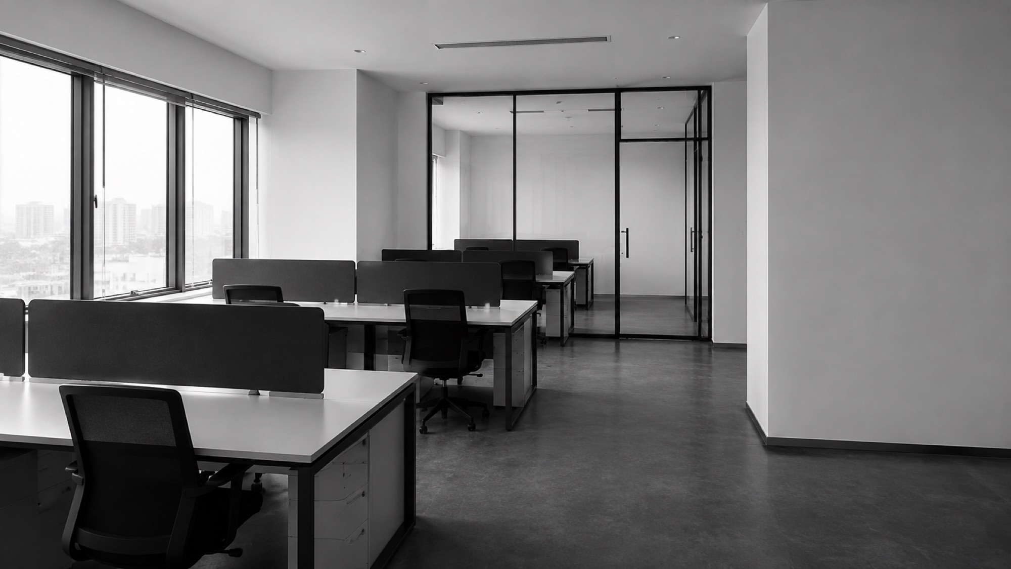 An undecorated open-plan office